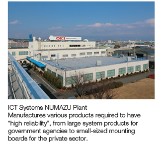 ICT Systems NUMAZU Plant Manufactures various products required to have "high reliability", from large system products for government agencies to small-sized mounting boards for the private sector.