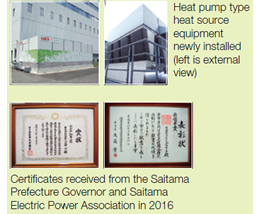 Top of photo：Heat pump type heat source equipment newly installed (left is external view)　Bottom of photo：Certificates received from the Saitama Prefecture Governor and Saitama Electric Power Association in 2016