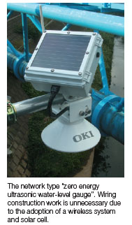 Photo of the network type zero energy ultrasonic water-level guage. Wiring construction work is unnecessary due to the adoption of a wireless system and solar cell.