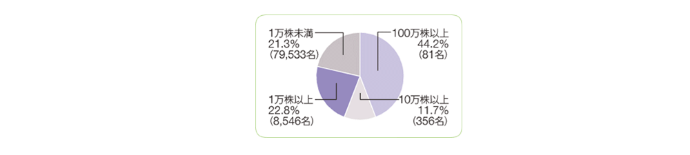 100万株以上44.2%（81名）、10万株以上11.7%（356名）、1万株以上22.8%（8,546名）、1万株未満21.3%（79,533名）