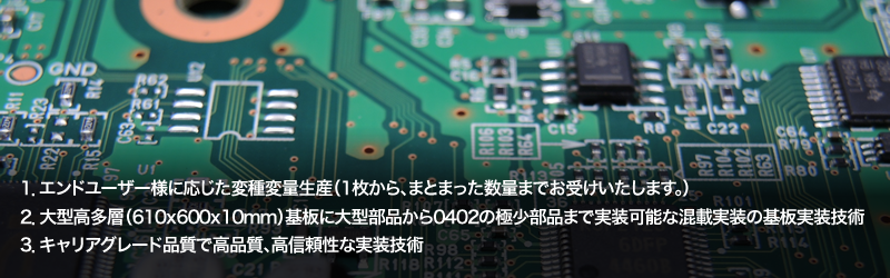 1.エンドユーザー様に応じた変種変量生産（1枚から、まとまった数量までお受けいたします。）／2.大型高多層（610x600x10mm）基板に大型部品から0402の極少部品まで実装可能な混載実装の基板実装技術／3.キャリアグレード品質で高品質、高信頼性な実装技術