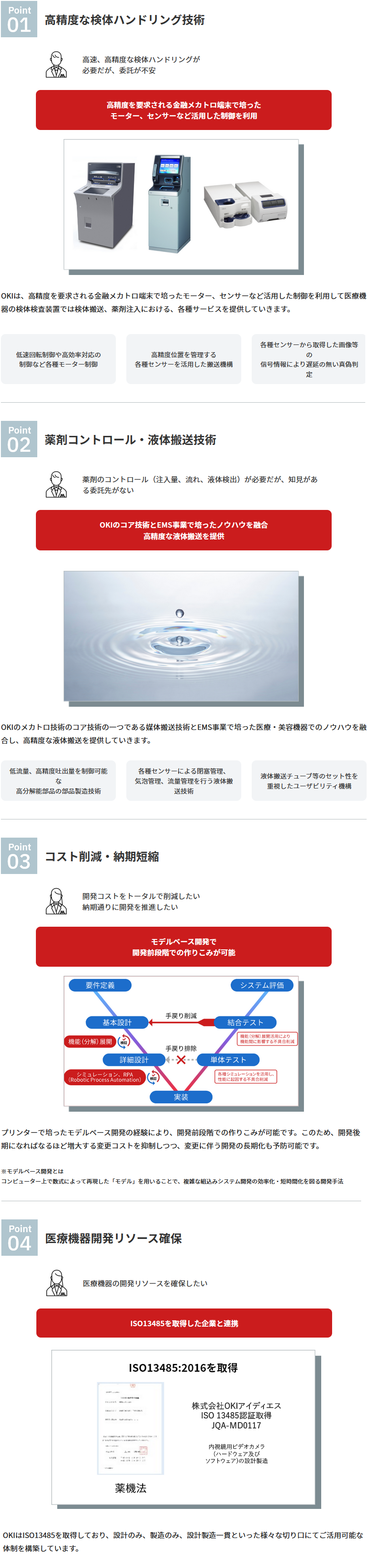 ポイント①：高精度な検体ハンドリング技術　Q：高速、高精度な検体ハンドリングが必要だが、委託が不安　A：高精度を要求される金融メカトロ端末で培ったモーター、センサーなど活用した制御を利用　OKIは、高精度を要求される金融メカトロ端末で培ったモーター、センサーなど活用した制御を利用して医療機器の検体検査装置では検体搬送、薬剤注入における、各種サービスを提供していきます。・低速回転制御や高効率対応の制御など各種モーター制御　・高精度位置を管理する各種センサーを活用した搬送機構　・各種センサーから取得した画像等の信号情報により遅延の無い真偽判定／／ポイント②：薬剤コントロール・液体搬送技術　Q：薬剤のコントロール（注入量、流れ、液体検出）が必要だが、知見がある委託先がない　A：OKIのコア技術とEMS事業で培ったノウハウを融合高精度な液体搬送を提供　OKIのメカトロ技術のコア技術の一つである媒体搬送技術とEMS事業で培った医療・美容機器でのノウハウを融合し、高精度な液体搬送を提供していきます。・低流量、高精度吐出量を制御可能な高分解能部品の部品製造技術　・各種センサーによる閉塞管理、気泡管理、流量管理を行う液体搬送技術　・液体搬送チューブ等のセット性を重視したユーザビリティ機構／／ポイント③：コスト削減・納期短縮　Q：開発コストをトータルで削減したい／納期通りに開発を推進したい　A:モデルベース開発で開発前段階での作りこみが可能　プリンターで培ったモデルベース開発（※）の経験により、開発前段階での作りこみが可能です。このため、開発後期になればなるほど増大する変更コストを抑制しつつ、変更に伴う開発の長期化も予防可能です。　※モデルベース開発とは：コンピューター上で数式によって再現した「モデル」を用いることで、複雑な組込みシステム開発の効率化・短時間化を図る開発手法／／ポイント④：医療機器開発リソース確保　Q：医療機器の開発リソースを確保したい　A：ISO13485を取得した企業と連携　OKIはISO13485を取得しており、設計のみ、製造のみ、設計製造一貫といった様々な切り口にてご活用可能な体制を構築しています。