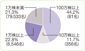 100万株以上44.2%（81名）、10万株以上11.7%（356名）、1万株以上22.8%（8,546名）、1万株未満21.3%（79,533名）