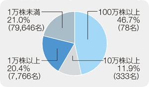 100万株以上46.7%（78名）、10万株以上11.9%（333名）、1万株以上20.4%（7,766名）、1万株未満21.0%（79,646名）