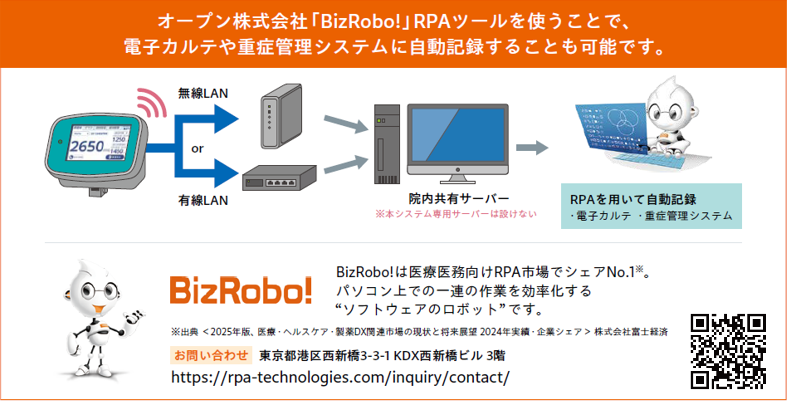 オープン株式会社「BizRobo!」RPAツールで電子カルテや患者監査システムに自動記録可能。監査装置（無線LAN／有線LAN）→院内共有サーバ→院内端末→RPAで自動記録の流れ。問い合わせURL（https://rpa-technologies.com/inquiry/contact/）