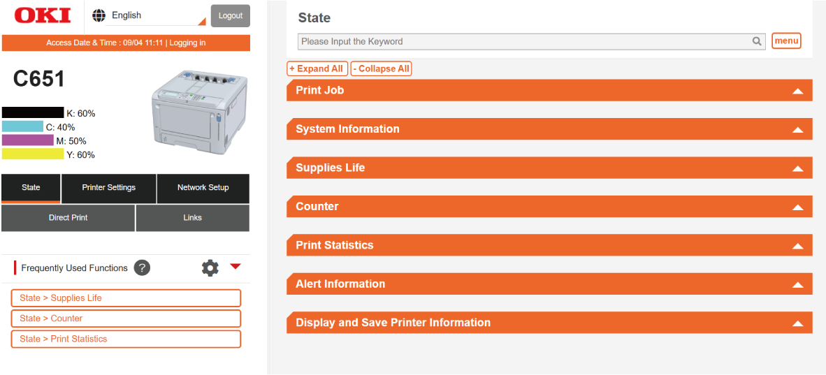 Changing the admin password (Web page) | OKI